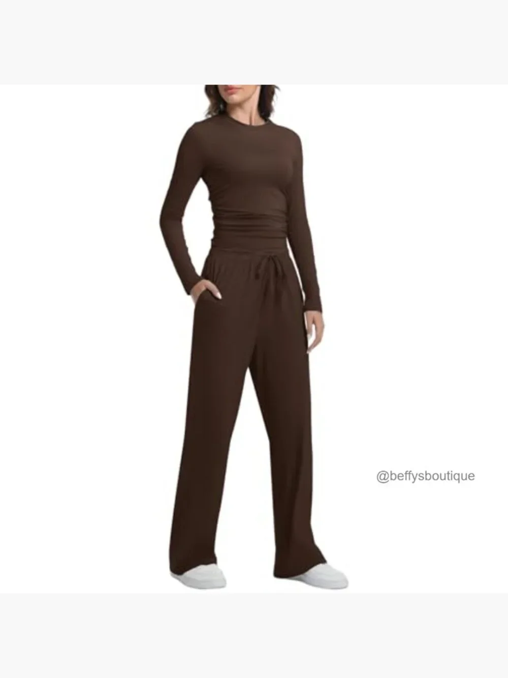 Women's 2-Piece Lounge Set Long Sleeve Wide Leg Joggers Soft Rayon Spandex - Picture 2 of 7